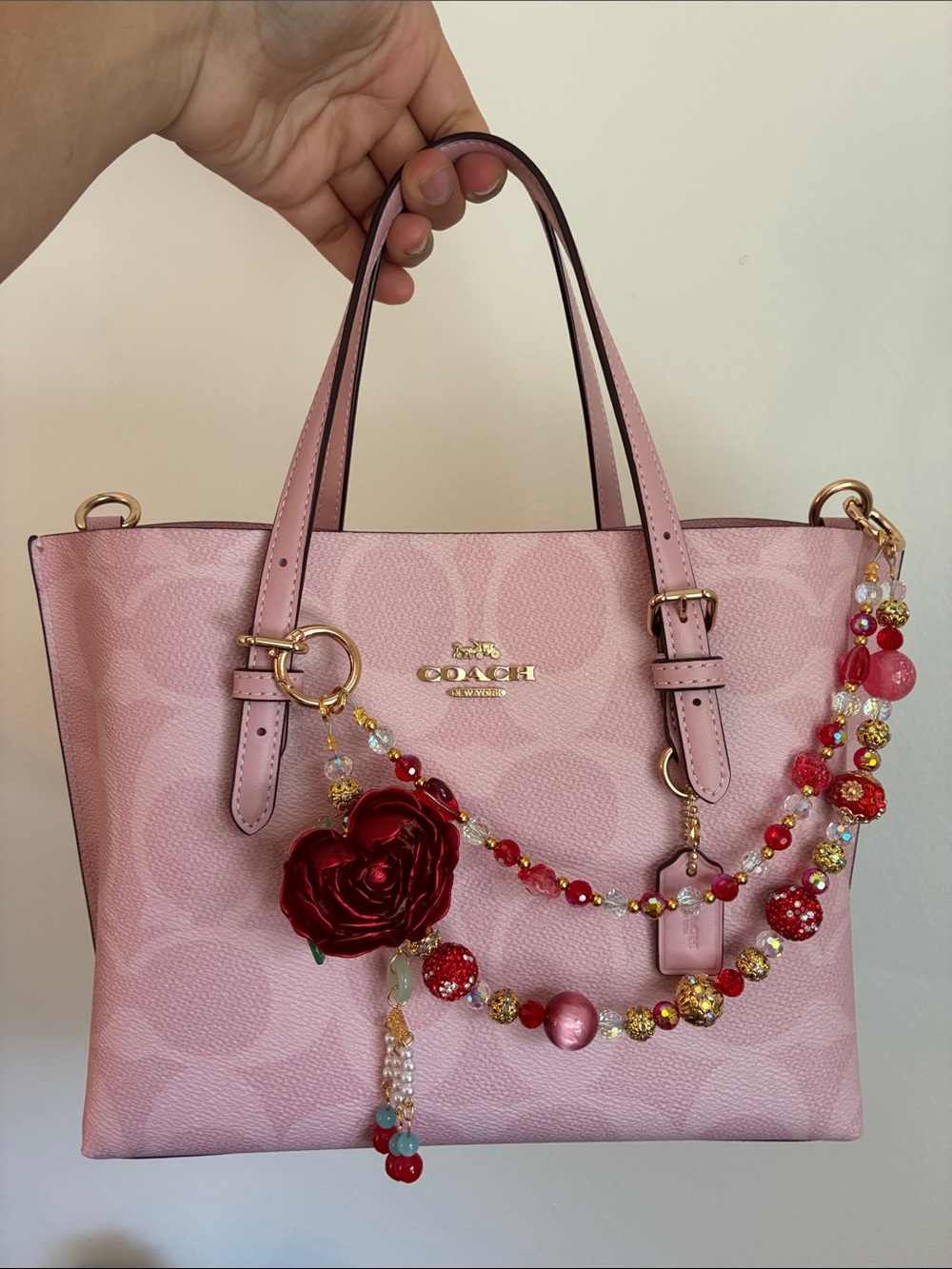 Red Heart Rose Beaded Bag Chain